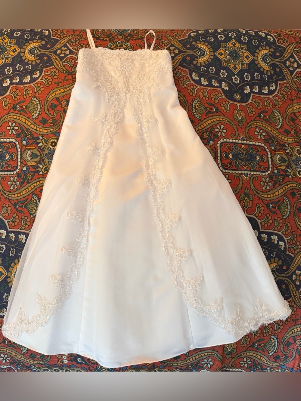 David's Bridal white Flowergirl Jr Bridesmaid 1st Holy Communion dress w/lace - Picture 1 of 12
